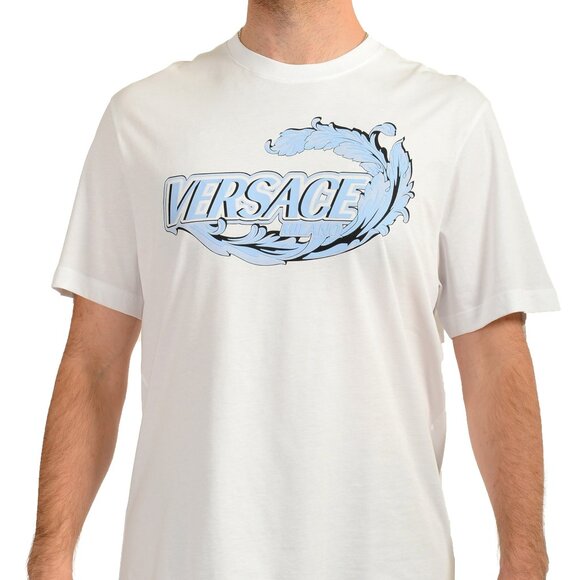 Versace Men's White & Blue Logo Print Short Sleeve T-Shirt US 5XL IT 62